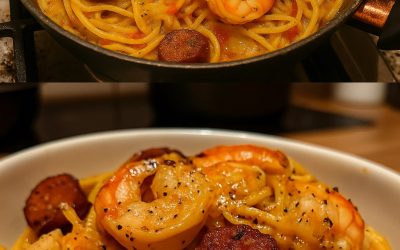Spageti ar krēmīgu piparu mērci, chorizo ​​desu un garnelēm: ātrs Vidusjūras ēdiens