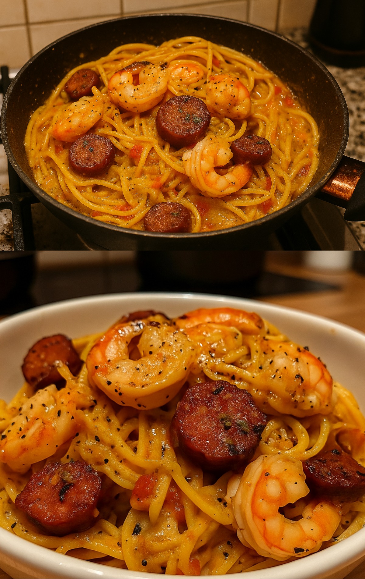 Spageti ar krēmīgu piparu mērci, chorizo ​​desu un garnelēm: ātrs Vidusjūras ēdiens