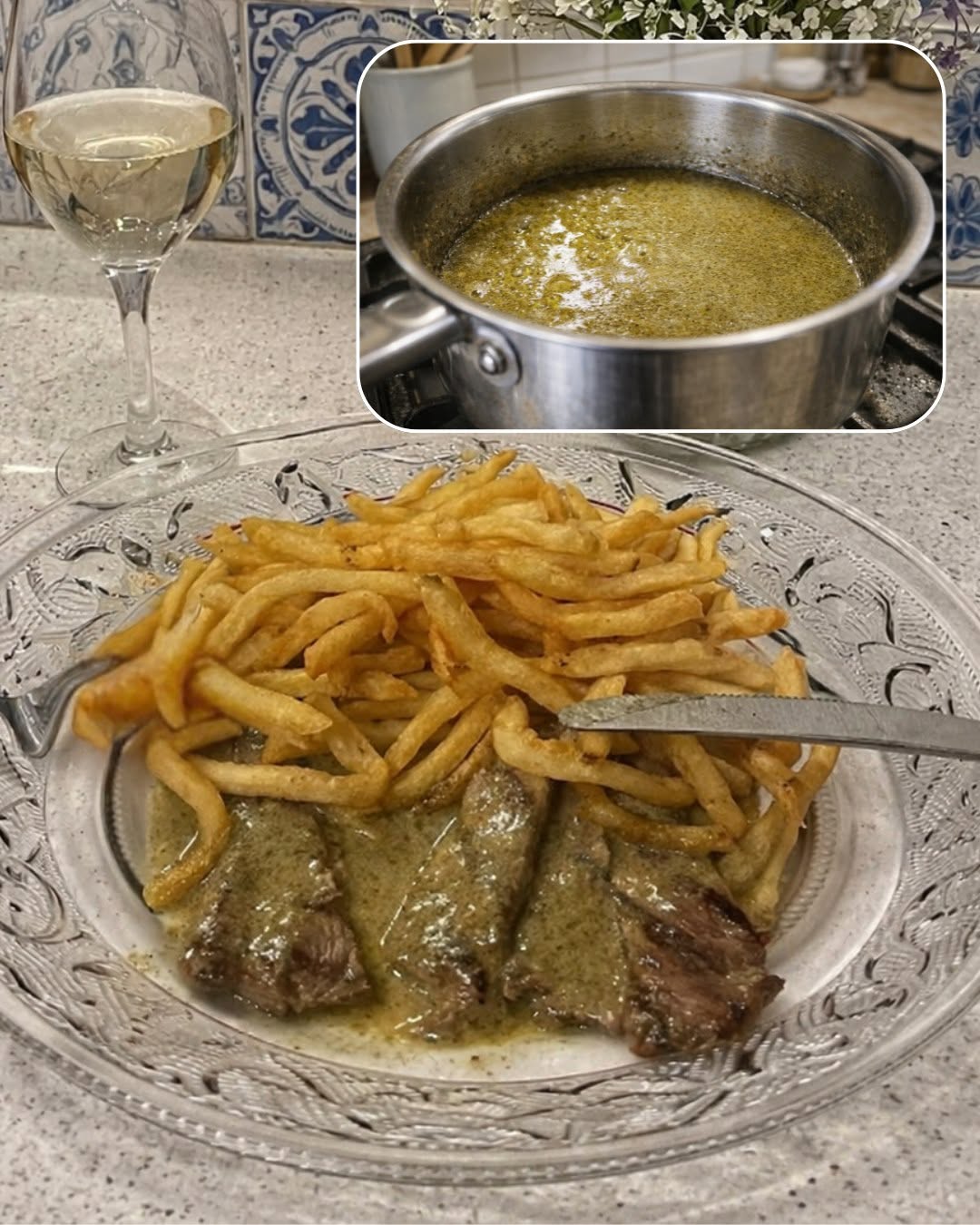 Ribeye steiks ar slepeno mērci un mājās gatavotiem frī kartupeļiem (Parīzes bistro stilā)