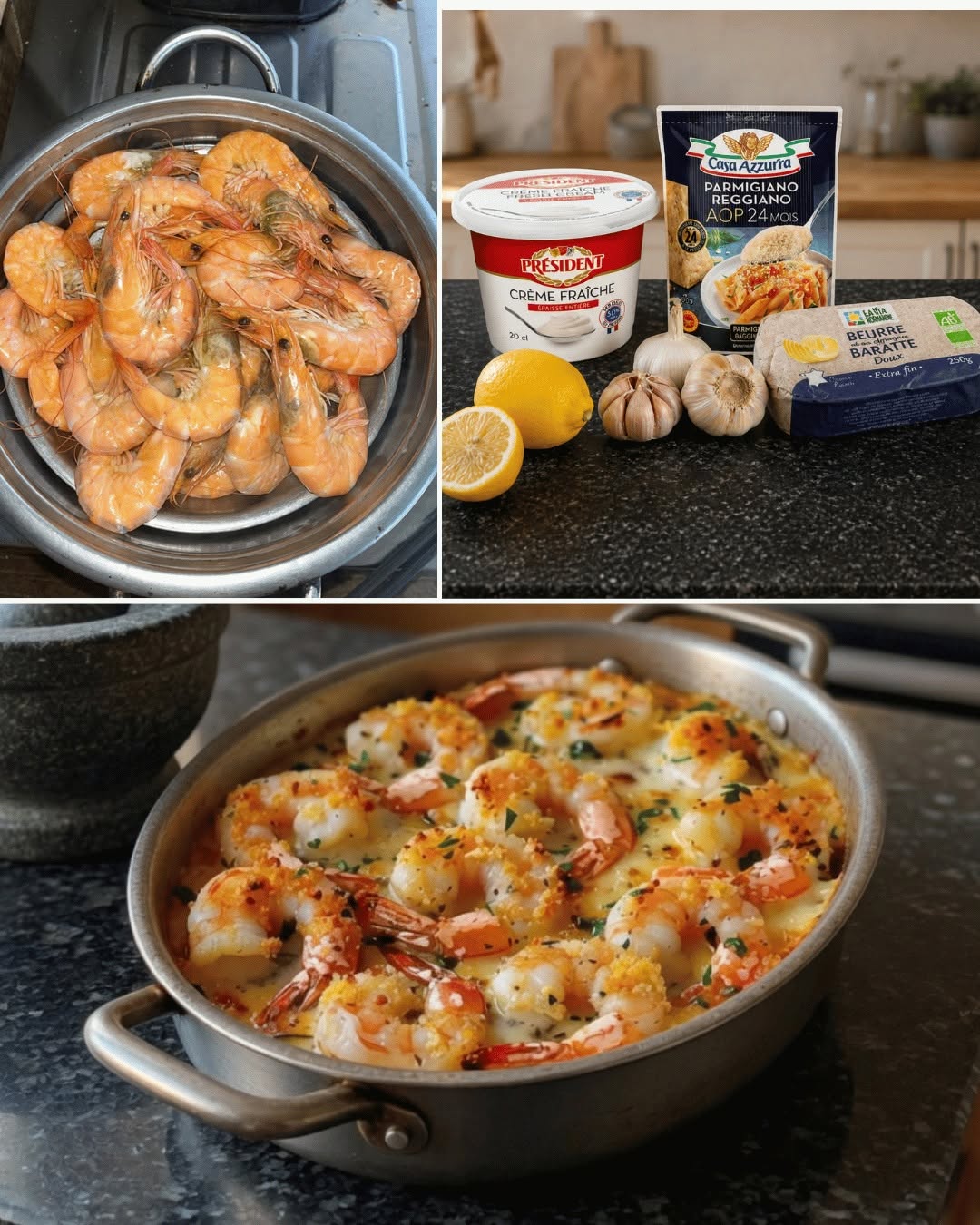 Krēmīgs garneļu gratēns ar citronu un parmezānu (īpaši gardēdis un izsmalcināts)