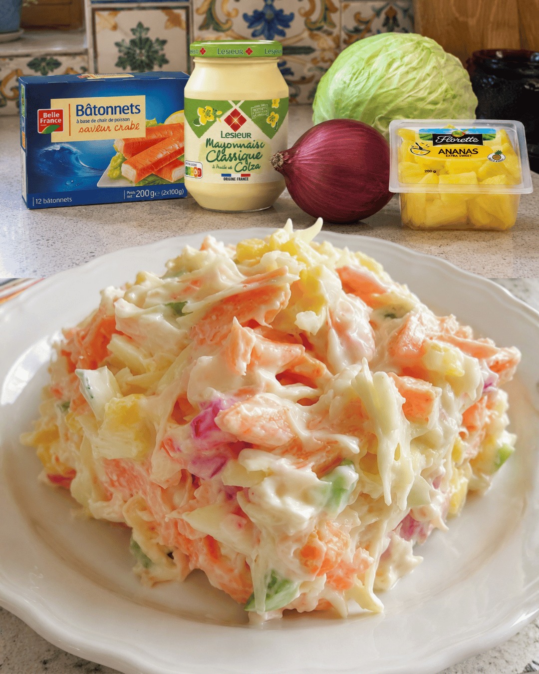 Krēmīgi Aļaskas salāti ar surimi un ananāsiem