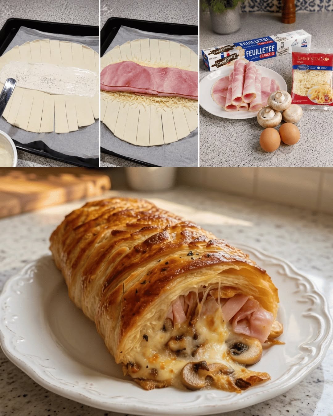 Kārtainās mīklas bize ar sēnēm un šķiņķi