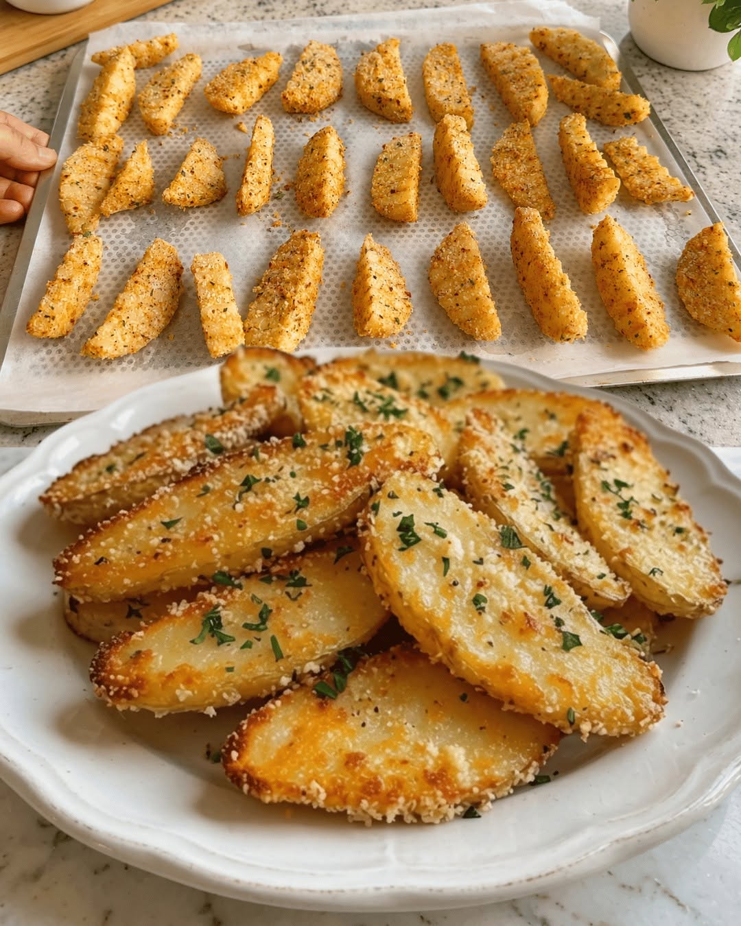Ķiploku un parmezāna kartupeļu recepte: kraukšķīga un aromātiska