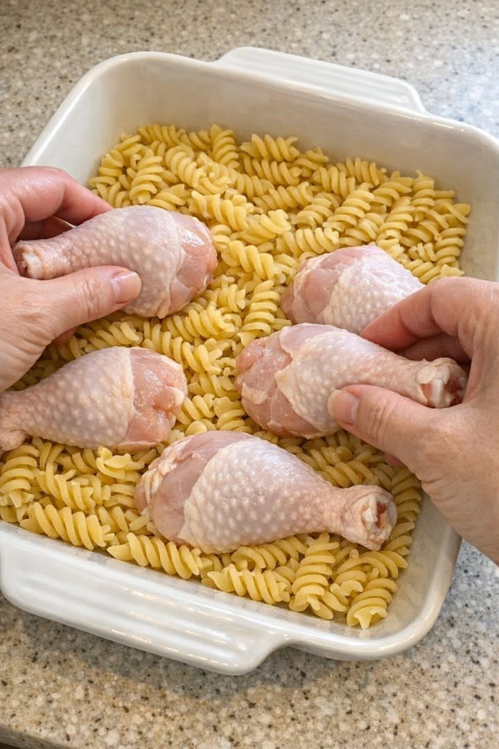 Keramikas cepamtraukā uz sausiem rotini makaroniem novietojiet neapstrādātas vistas stilbiņus kopā ar 3 papildu sastāvdaļām, lai pagatavotu sātīgu maltīti, pēc kuras es ilgojos.
