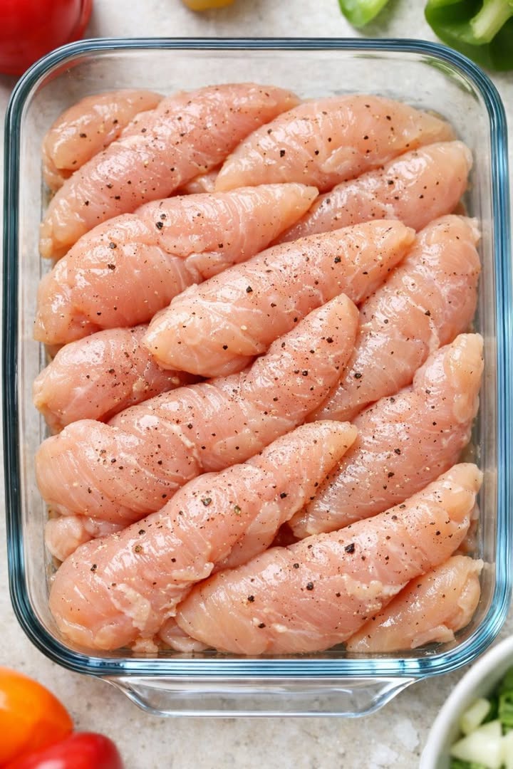 Ievietojiet stikla sautējuma traukā neapstrādātas vistas filejas un 4 parastos pieliekamajā produktus, lai pagatavotu tik iespaidīgu maltīti, ka jūsu draugi lūgsies vēl.
