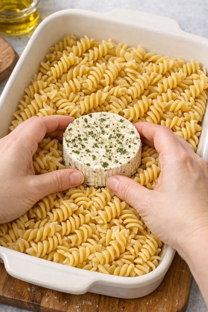 Keramikas cepamtraukā starp neapstrādātiem, sausiem fusilli desiņām, kas apvienotas ar 3 sastāvdaļām, ievietojiet bursīna siera apli, lai iegūtu krēmīgu vakariņu, kas ātri pazūd.