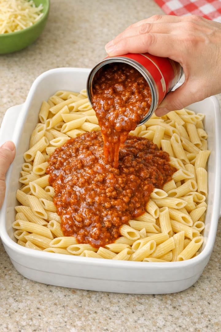 Pārlejiet konservētu Sloppy Joe mērci un šīs 3 sastāvdaļas sautējuma traukā pāri nevārītiem penne makaroniem, lai pagatavotu sātīgas vakariņas, kuras kārosieties atkal un atkal.