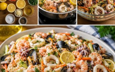 Jūras velšu salāti ar citronu, garnelēm, mīdijām un kalmāriem